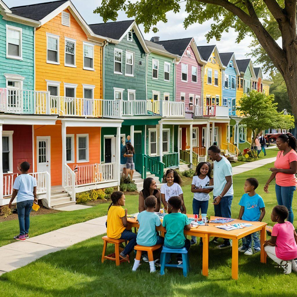 An inviting scene depicting a diverse group of people receiving support for Section 8 housing, showcasing brightly colored homes, families interacting with housing counselors, and documents symbolizing assistance programs. Include elements of hope and community, such as green parks and children playing. super-realistic. vibrant colors. soft background.