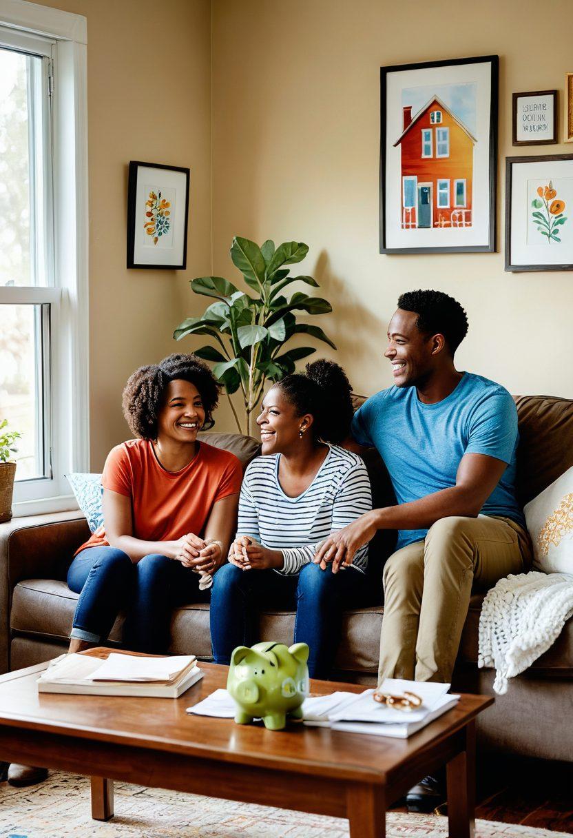 A cozy, inviting living room scene showcasing a diverse family happily enjoying their home, with symbols of financial security like a piggy bank and a house key subtly placed around. The walls are adorned with uplifting quotes about community living and affordable housing. Soft natural light filters through a window, highlighting the warmth of the space. Include elements representing Section 8 housing benefits, like application forms and resource guides on a coffee table. super-realistic. vibrant colors. warm tones.