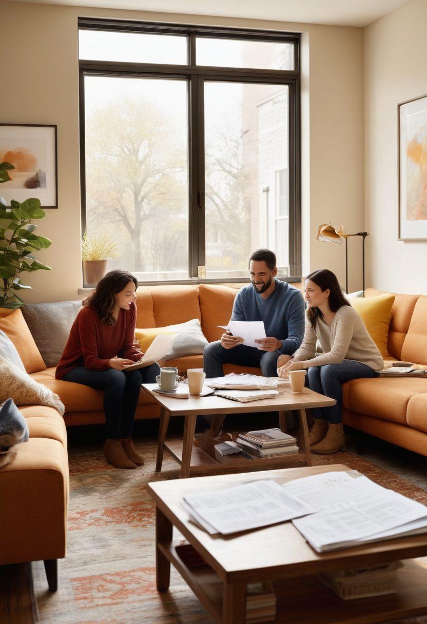 A cozy apartment scene showing a diverse family happily discussing over paperwork, with a prominent 'Section 8 Approved' sign visible. Soft natural lighting filters through the window, casting warm tones across the room. A coffee table filled with important documents and assistance guides reflects a sense of hope and community support. An inviting atmosphere illustrates the journey from application to approval. super-realistic. vibrant colors.